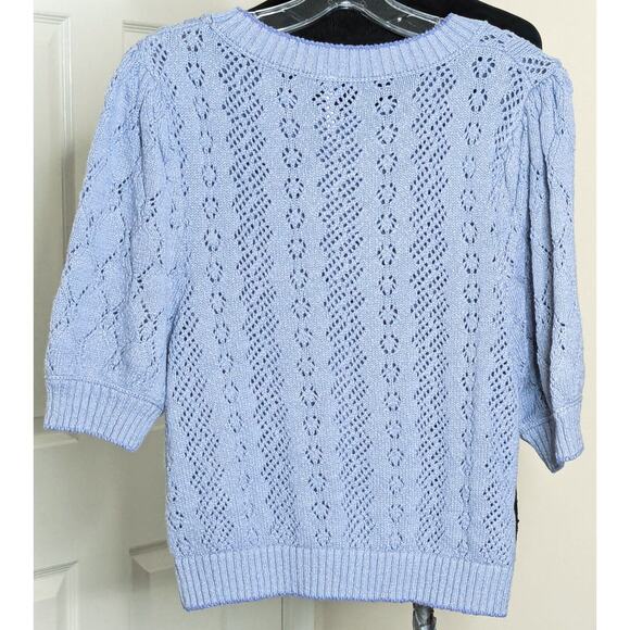 Free People Sweater Womens L Blue Eloise Pullover Short Puff Sleeve Open Knit - Picture 4 of 8